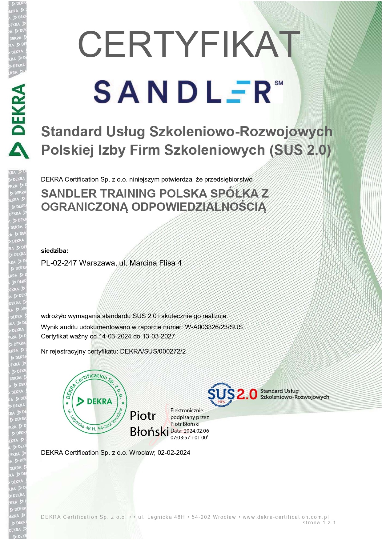 Certyfikat Sandler Training Polska